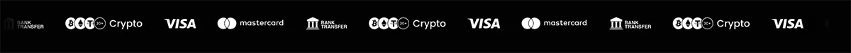 Repeating payment logo strip with bank transfer, Bitcoin/Crypto, Visa, and Mastercard icons on a dark background.